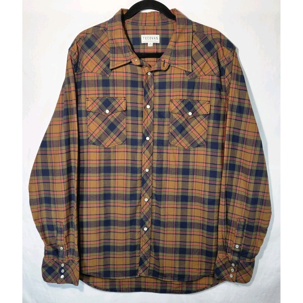 Tecovas Brown Rust Orange Plaid Flannel Shirt Western Pearl Snap Large Ranchwear